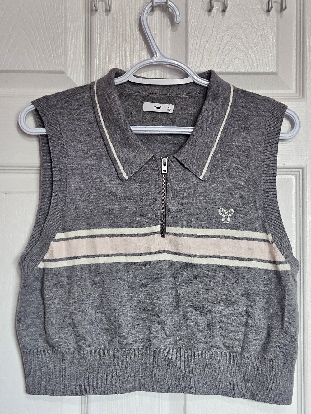 Aritzia Gray Cropped Knit Polo Tank with Cream Stripe